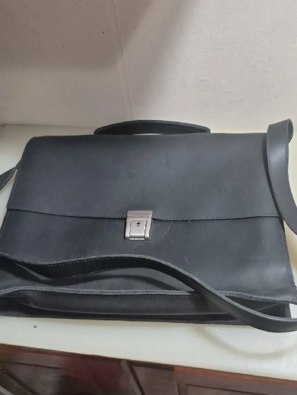 Tannery West Black Leather Briefcase Messenger with Silver Clasp